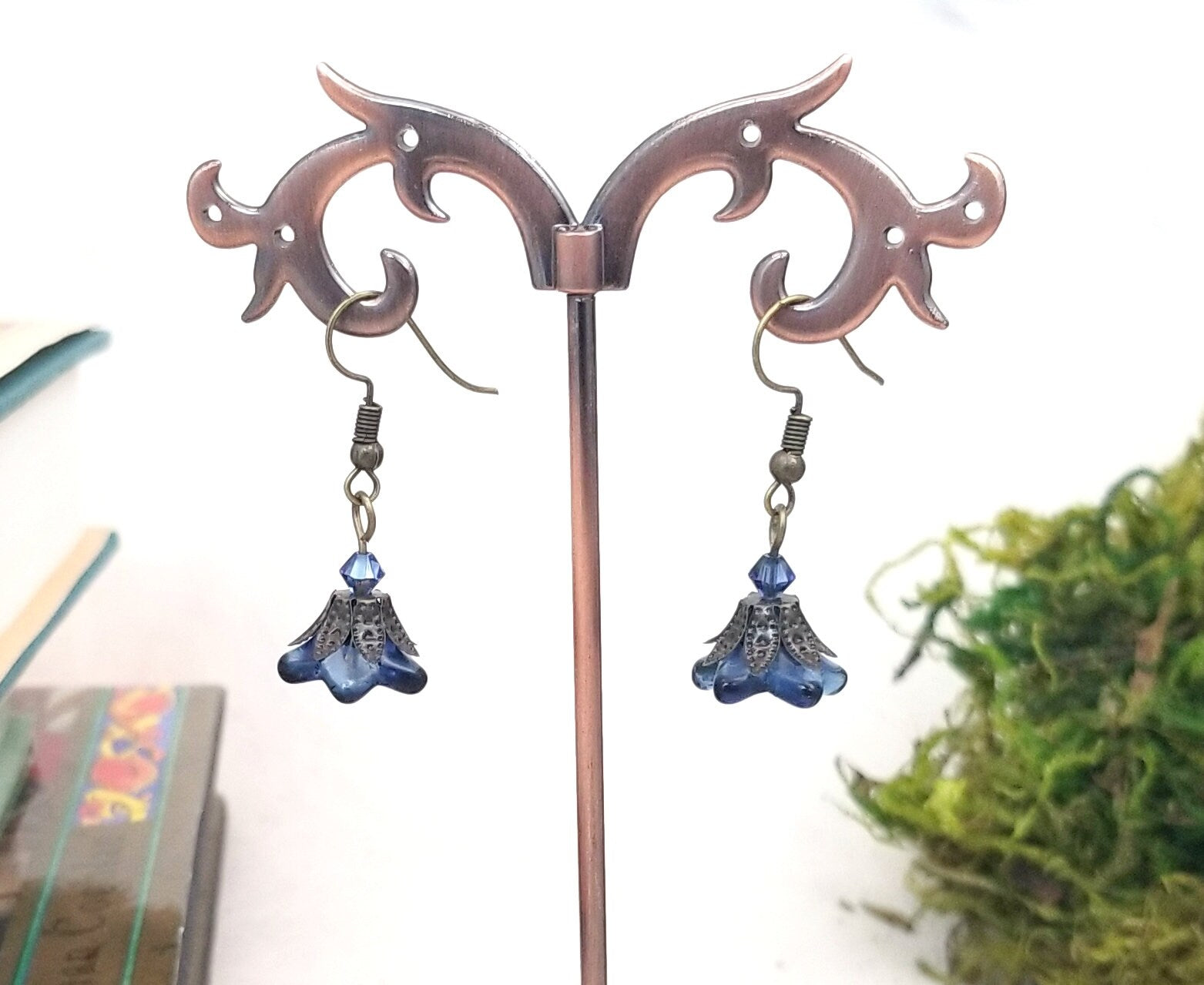 Glass Flower Earrings in Montana Sapphire Blue, Wedding, Bridesmaid, Art Nouveau, Belle Époque, Renaissance, Garden, Choice of Closure Types