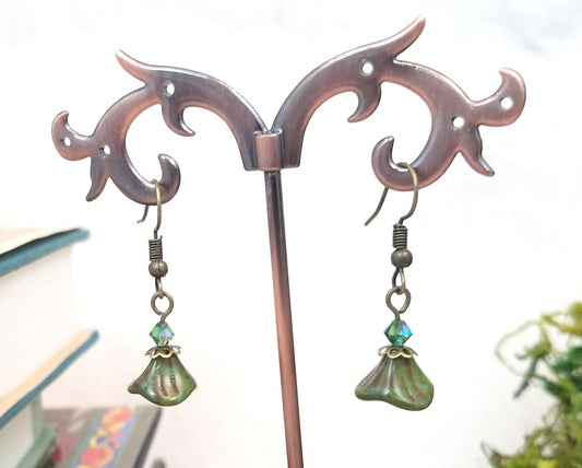 Glass Flower Earrings in Picasso Green, Wedding, Bridesmaid, Art Nouveau, Belle Époque, Renaissance, Garden, Choice of Closure Types