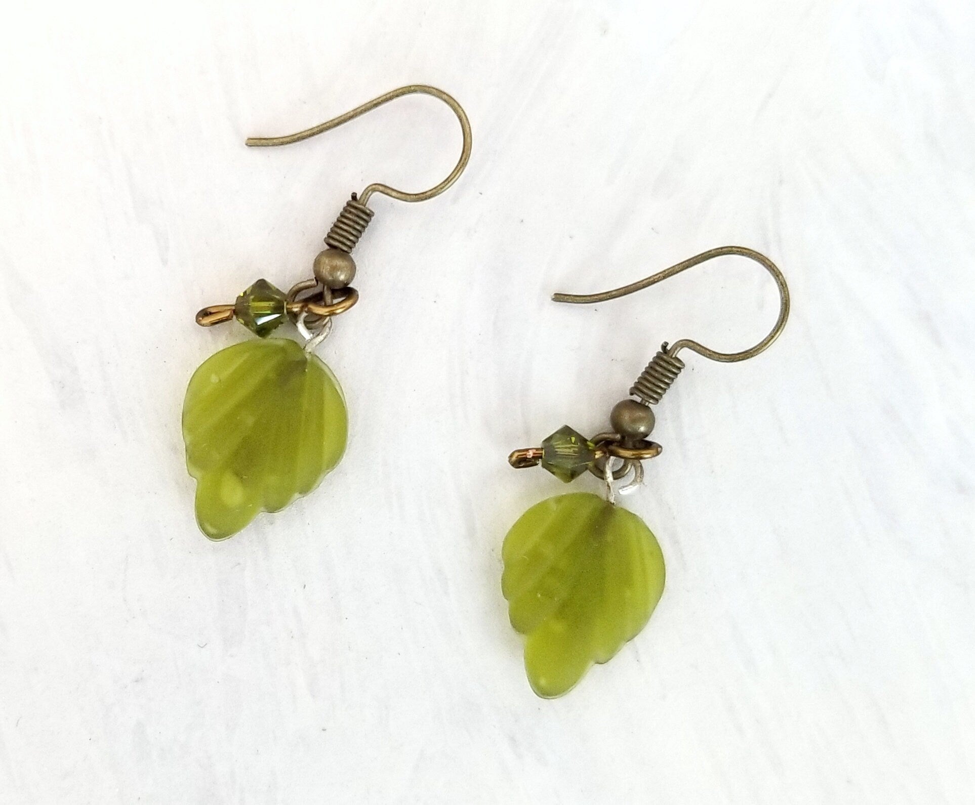 Small Glass Leaf Earrings in Frosted Olive Green, Wedding, Bridesmaid, Art Nouveau, Renaissance, Forest, Choice of Closure Types