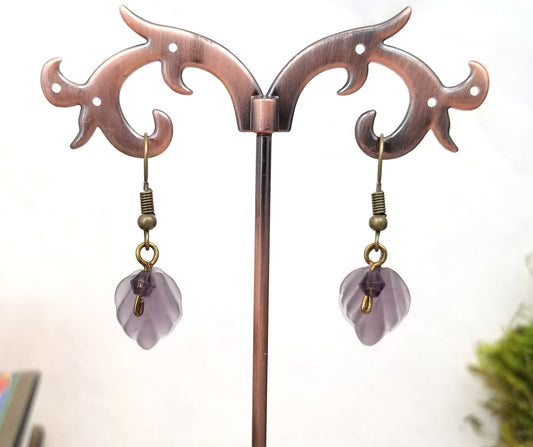 Small Glass Leaf Earrings in Frosted Purple, Wedding, Bridesmaid, Art Nouveau, Renaissance, Belle Epoque, Forest, Choice of Closure Types