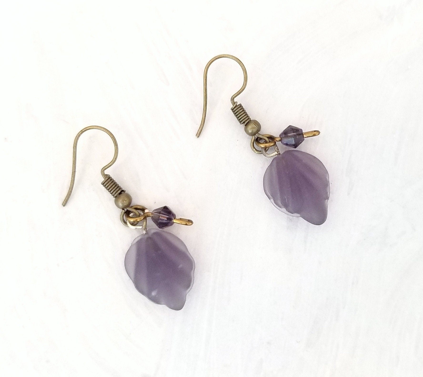 Small Glass Leaf Earrings in Frosted Purple, Wedding, Bridesmaid, Art Nouveau, Renaissance, Belle Epoque, Forest, Choice of Closure Types
