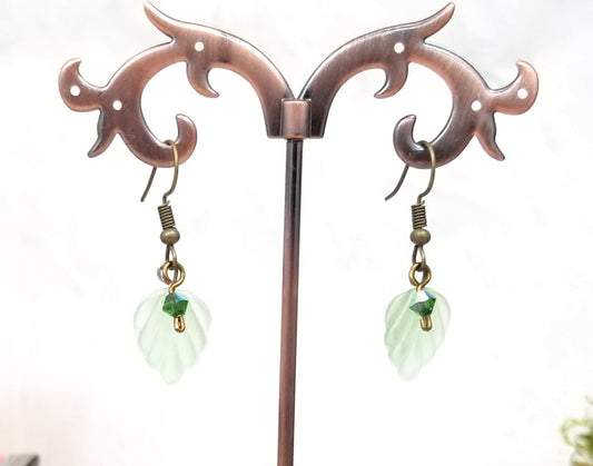Small Glass Leaf Earrings in Frosted Light Green, Wedding, Bridesmaid, Art Nouveau, Renaissance, Forest, Choice of Closure Types