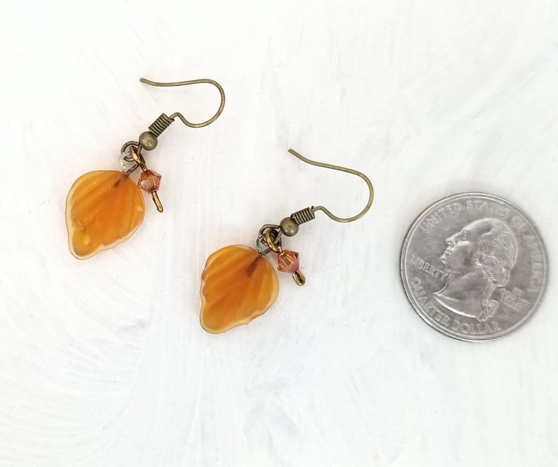 Small Glass Leaf Earrings in Frosted Light Brown, Wedding, Bridesmaid, Art Nouveau, Renaissance, Forest, Choice of Closure Types