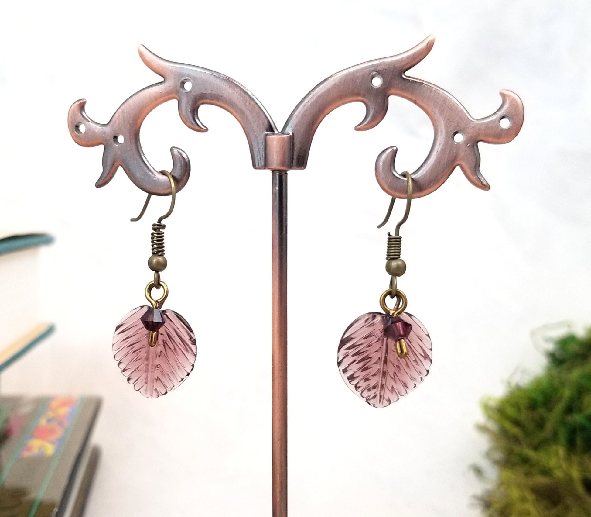 Medium Glass Leaf Earrings in Wine Purple, Wedding, Bridesmaid, Art Nouveau, Renaissance, Belle Epoque, Forest, Choice of Closure Types