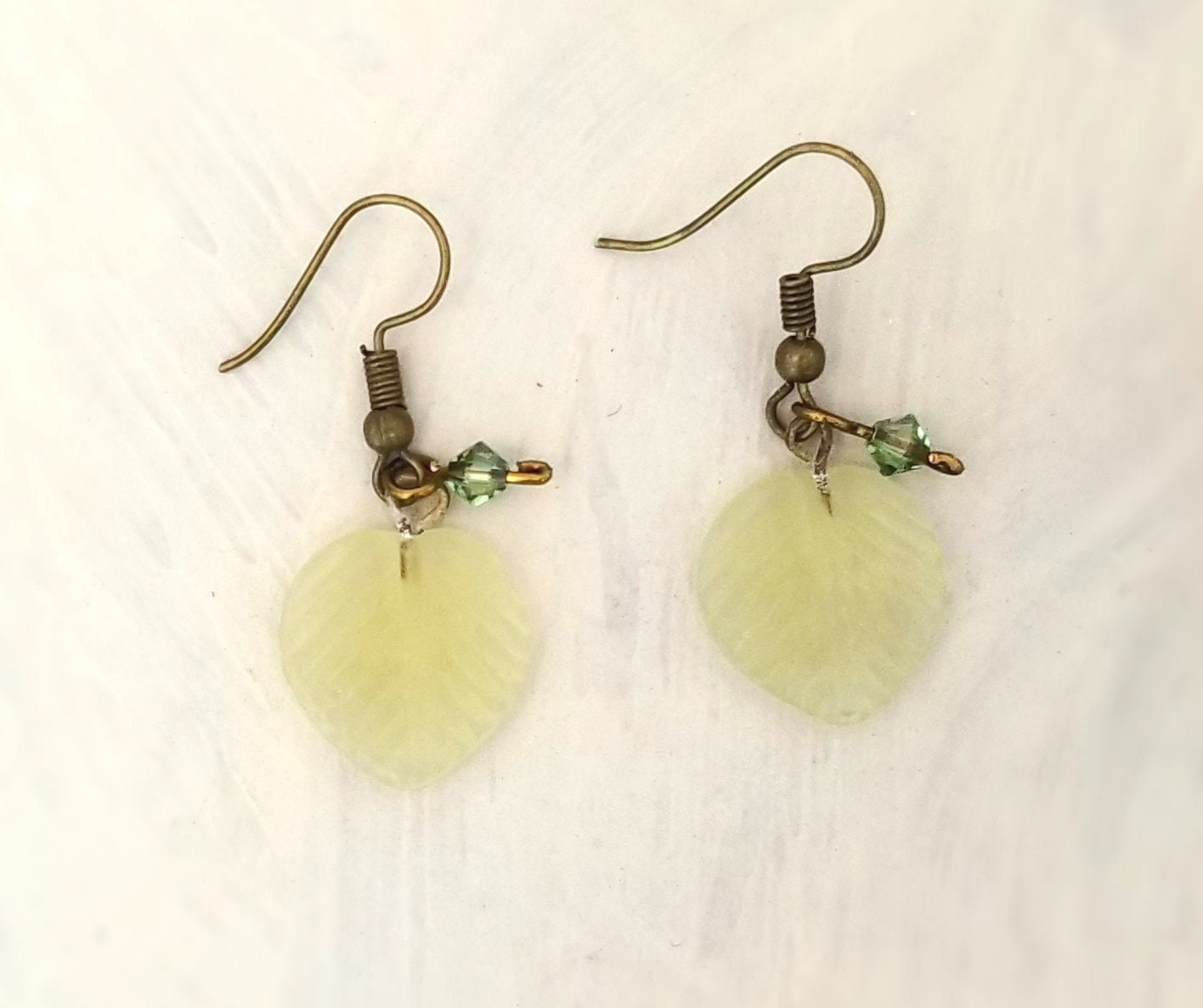 Medium Glass Leaf Earrings in Frosted Light Yellowish Green, Wedding, Bridesmaid, Art Nouveau, Renaissance, Forest, Choice of Closure Types