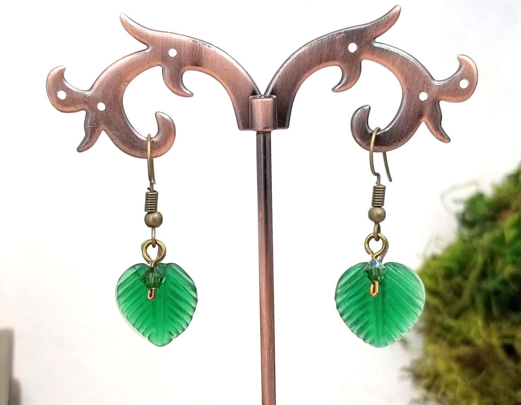 Medium Glass Leaf Earrings in Frosted Green, Wedding, Bridesmaid, Art Nouveau, Renaissance, Forest, Choice of Closure Types