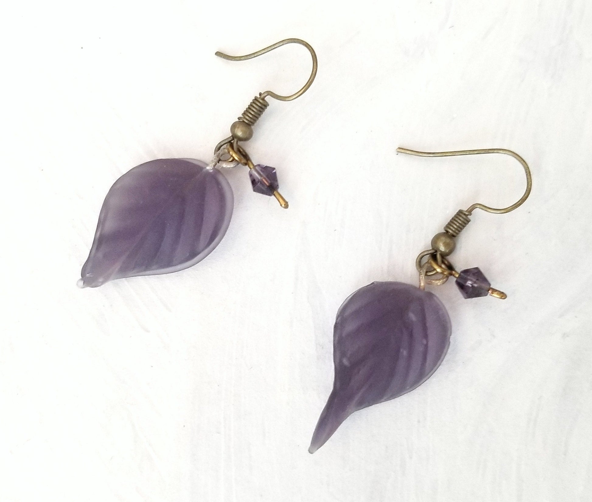 Long Glass Leaf Earrings in Frosted Purple, Wedding, Bridesmaid, Art Nouveau, Renaissance, Belle Epoque, Forest, Choice of Closure Types