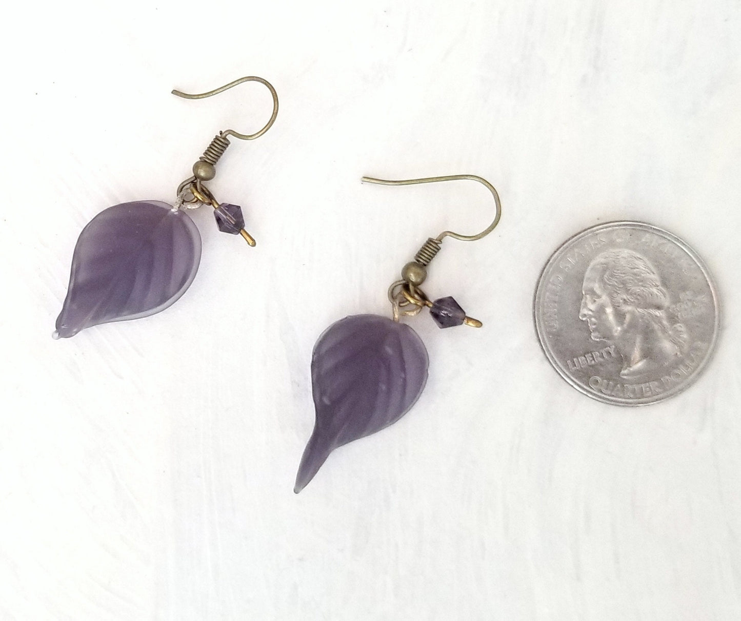 Long Glass Leaf Earrings in Frosted Purple, Wedding, Bridesmaid, Art Nouveau, Renaissance, Belle Epoque, Forest, Choice of Closure Types