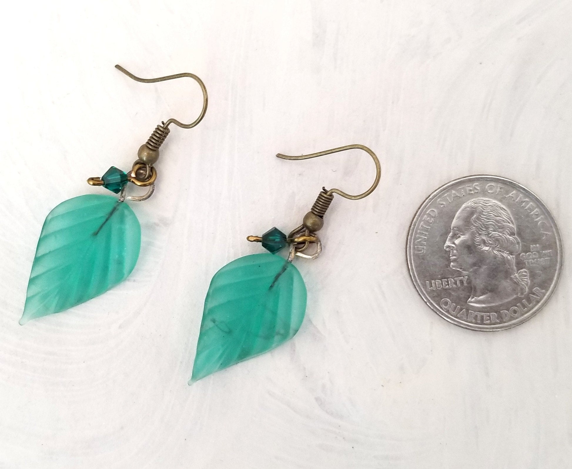 Long Glass Leaf Earrings in Frosted Aqua Sea Blue Green, Wedding, Bridesmaid, Art Nouveau, Renaissance, Forest, Choice of Closure Types