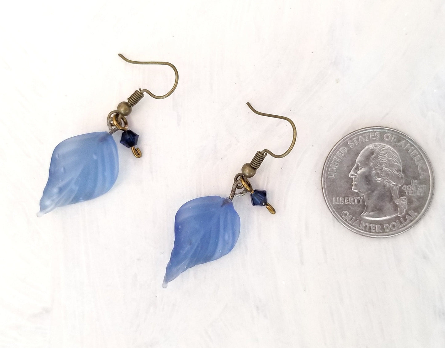 Long Glass Leaf Earrings in Frosted Blue, Wedding, Bridesmaid, Art Nouveau, Renaissance, Belle Epoque, Forest, Choice of Closure Types
