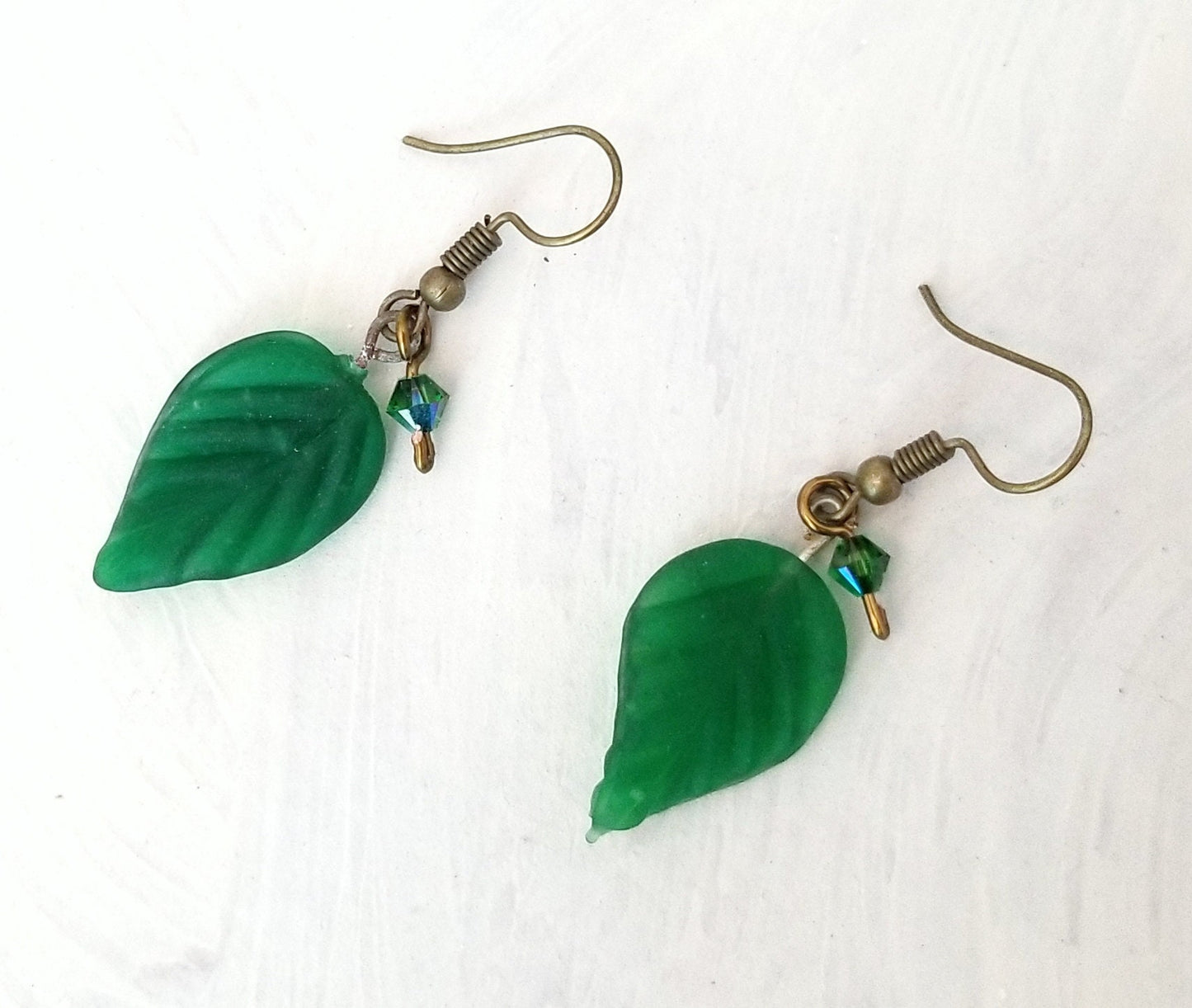 Long Glass Leaf Earrings in Frosted Green, Wedding, Bridesmaid, Art Nouveau, Renaissance, Forest, Choice of Closure Types