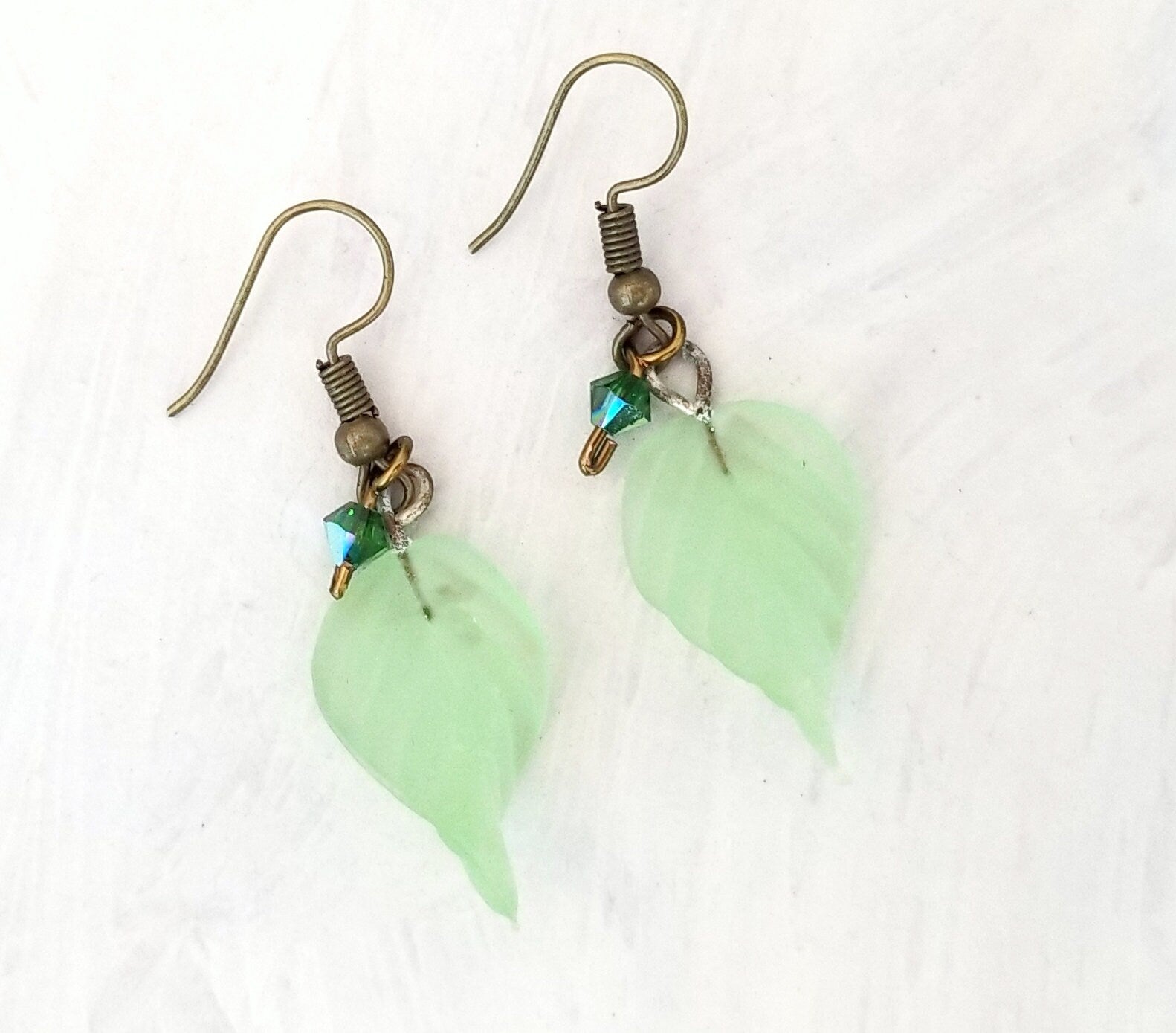 Long Glass Leaf Earrings in Frosted Light Green, Wedding, Bridesmaid, Art Nouveau, Renaissance, Forest, Choice of Closure Types
