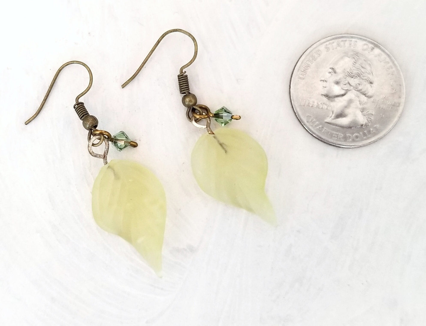 Long Glass Leaf Earrings in Frosted Light Yellowish Green, Wedding, Bridesmaid, Art Nouveau, Renaissance, Forest, Choice of Closure Types
