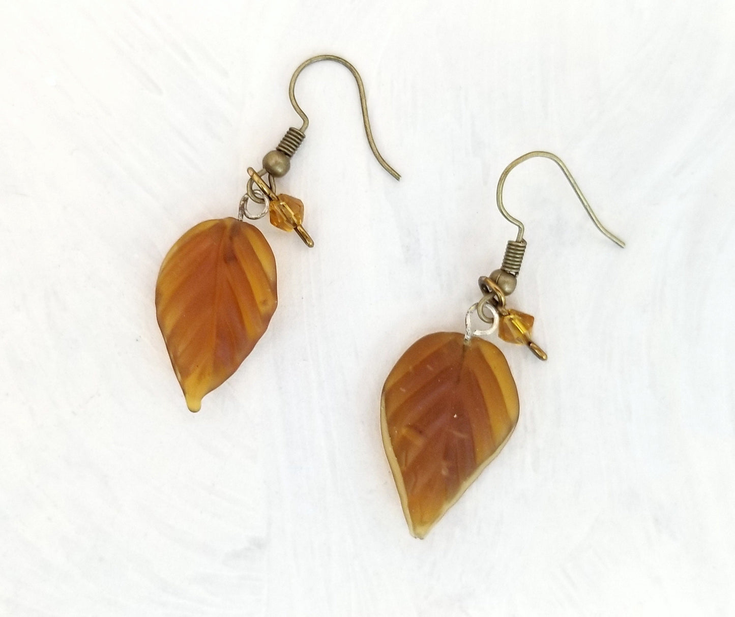 Long Glass Leaf Earrings in Frosted Brown, Wedding, Bridesmaid, Art Nouveau, Belle Époque, Renaissance, Forest, Choice of Closure Types