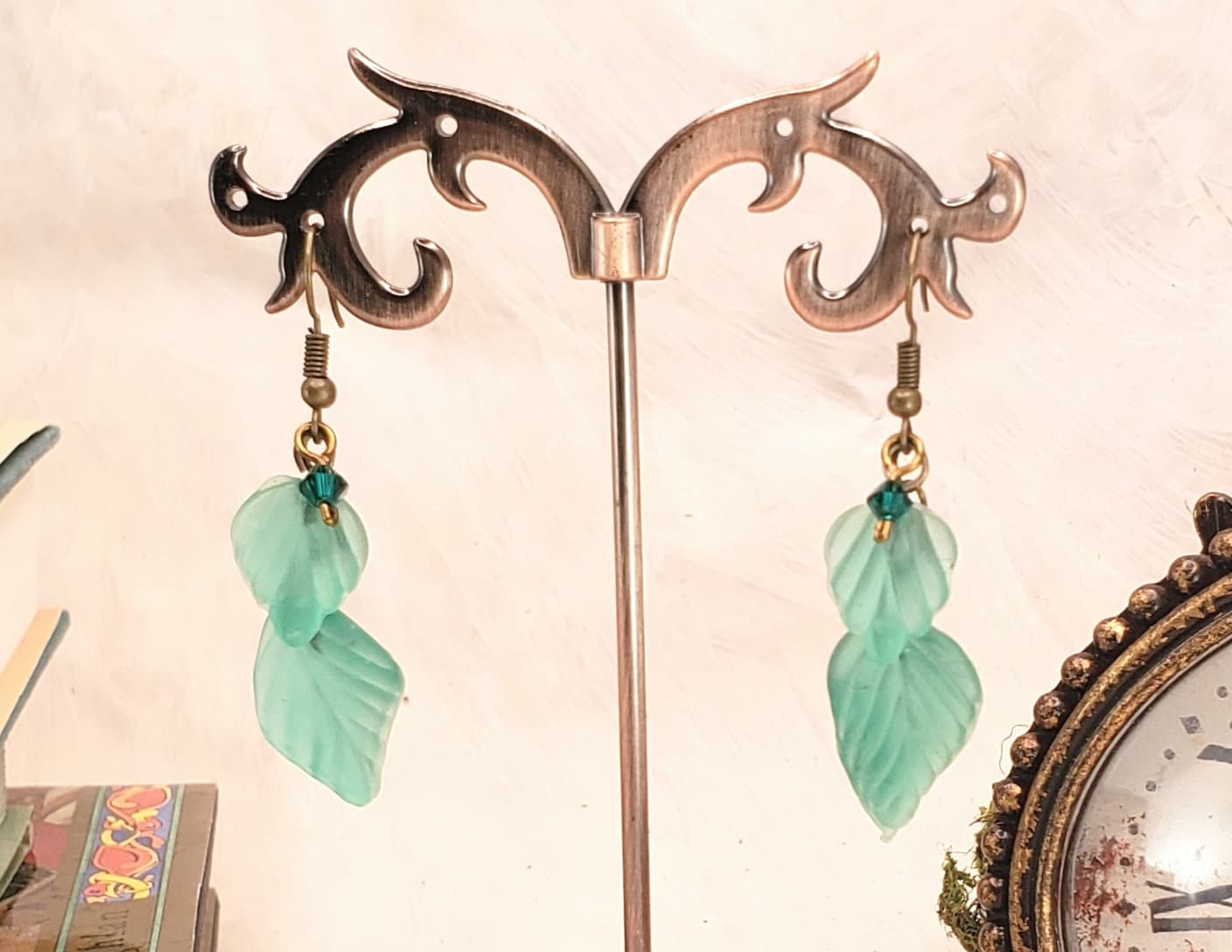 Double Glass Leaf Earrings in Teal Sea Blue, Wedding, Bridesmaid, Art Nouveau, Renaissance, Belle Epoque, Forest, Choice of Closure Types