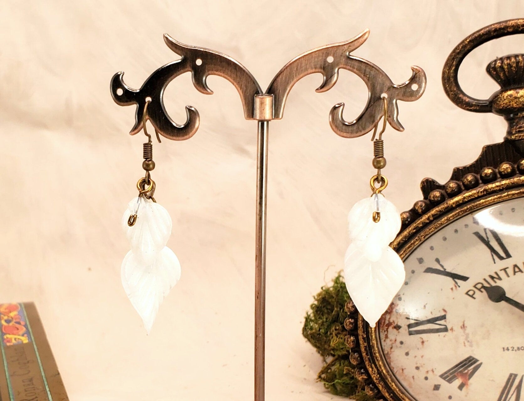 Double Glass Leaf Earrings in Black, Wedding, Bridesmaid, Art Nouveau, Renaissance, Belle Epoque, Forest, Choice of Closure Types