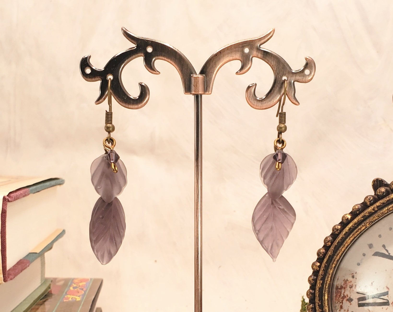 Double Glass Leaf Earrings in Purple, Wedding, Bridesmaid, Art Nouveau, Renaissance, Belle Epoque, Forest, Choice of Closure Types