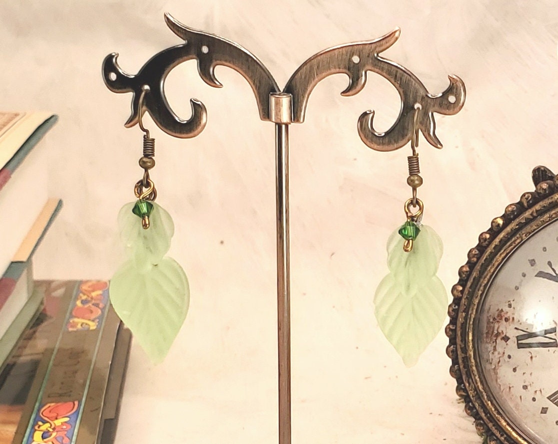Double Glass Leaf Earrings in Light Green, Wedding, Bridesmaid, Art Nouveau, Renaissance, Belle Epoque, Forest, Choice of Closure Types