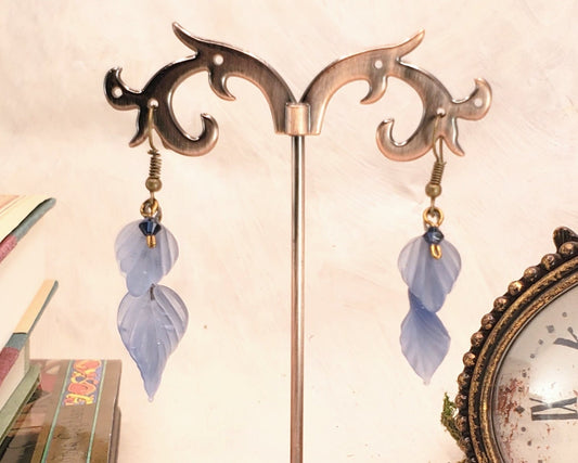 Double Glass Leaf Earrings in Blue, Wedding, Bridesmaid, Art Nouveau, Renaissance, Belle Epoque, Forest, Choice of Closure Types