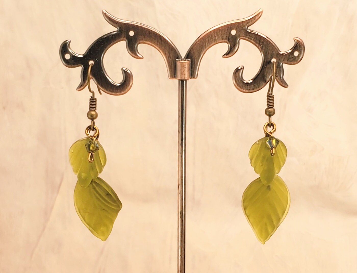 Double Glass Leaf Earrings in Olive Green, Wedding, Bridesmaid, Art Nouveau, Renaissance, Belle Epoque, Forest, Choice of Closure Types