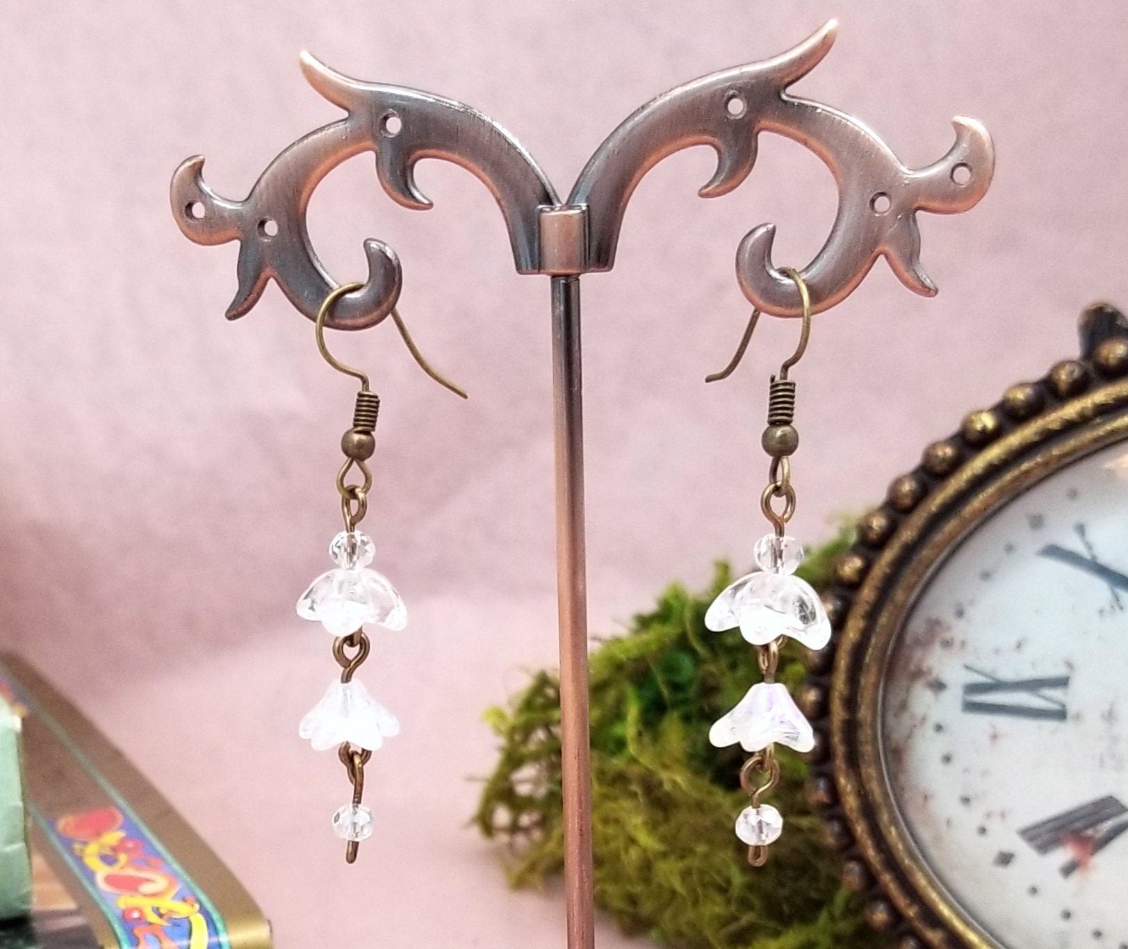 3-Tier Glass Flower Earrings in Clear, Wedding, Bridesmaid, Art Nouveau, Belle Époque, Renaissance, Garden, Choice of Metals, Closure Types