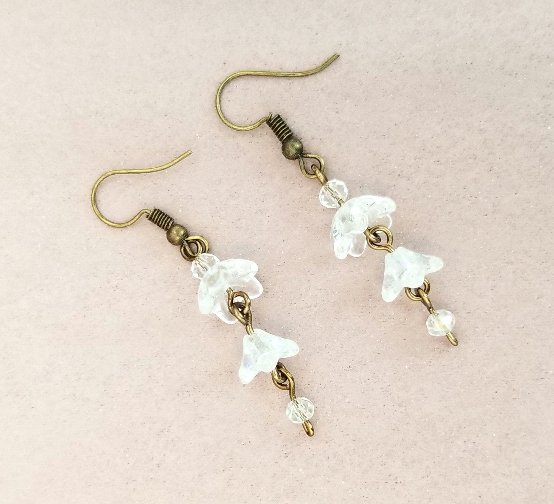 3-Tier Glass Flower Earrings in Clear, Wedding, Bridesmaid, Art Nouveau, Belle Époque, Renaissance, Garden, Choice of Metals, Closure Types