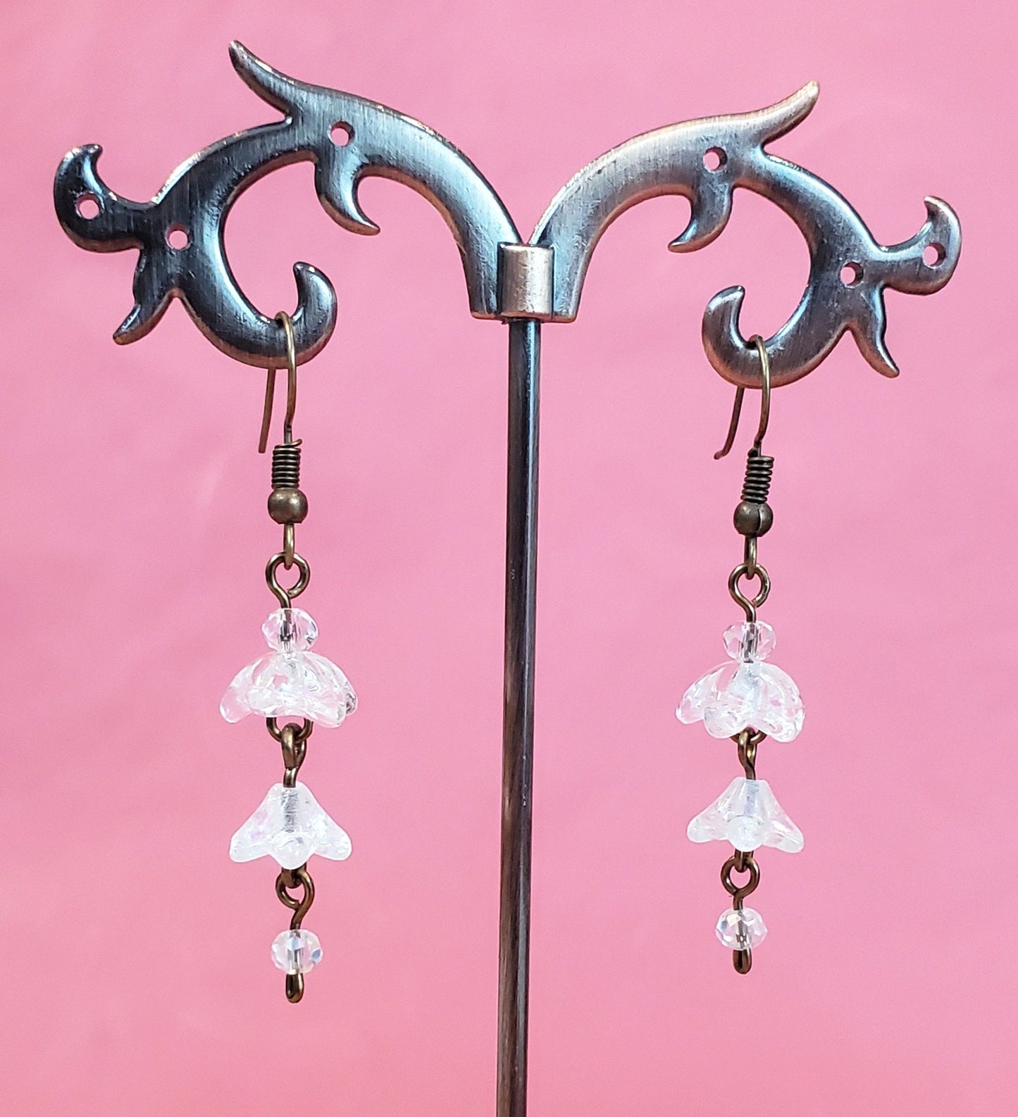 3-Tier Glass Flower Earrings in Clear, Wedding, Bridesmaid, Art Nouveau, Belle Époque, Renaissance, Garden, Choice of Metals, Closure Types