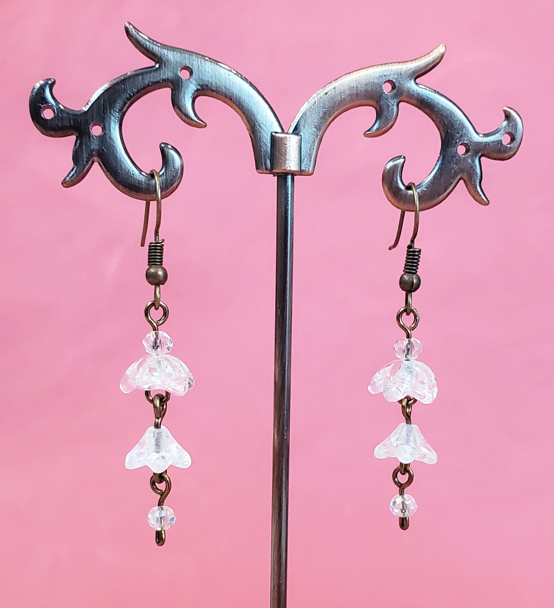 3-Tier Glass Flower Earrings in Clear, Wedding, Bridesmaid, Art Nouveau, Belle Époque, Renaissance, Garden, Choice of Metals, Closure Types