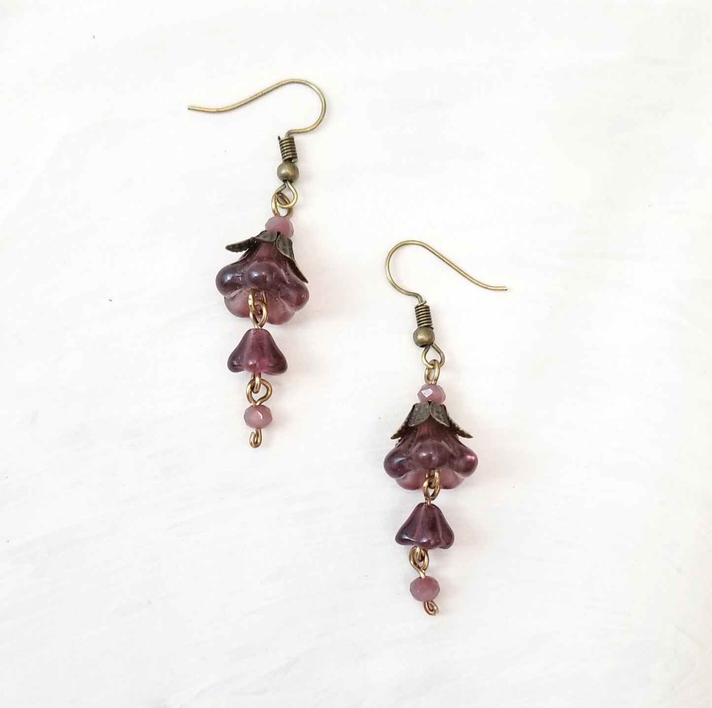 3-Tier Glass Flower Earrings in Purple, Wedding, Bridesmaid, Art Nouveau, Belle Époque, Renaissance, Garden, Choice of Metals, Closure Types