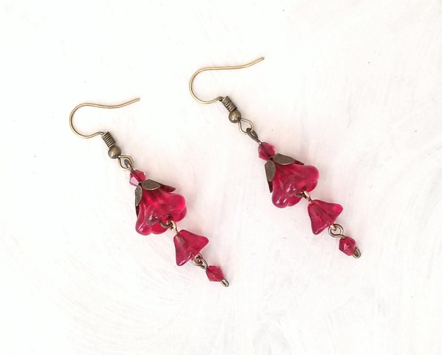 3-Tier Glass Flower Earrings in Red, Wedding, Bridesmaid, Art Nouveau, Belle Époque, Renaissance, Garden, Choice of Metals, Closure Types