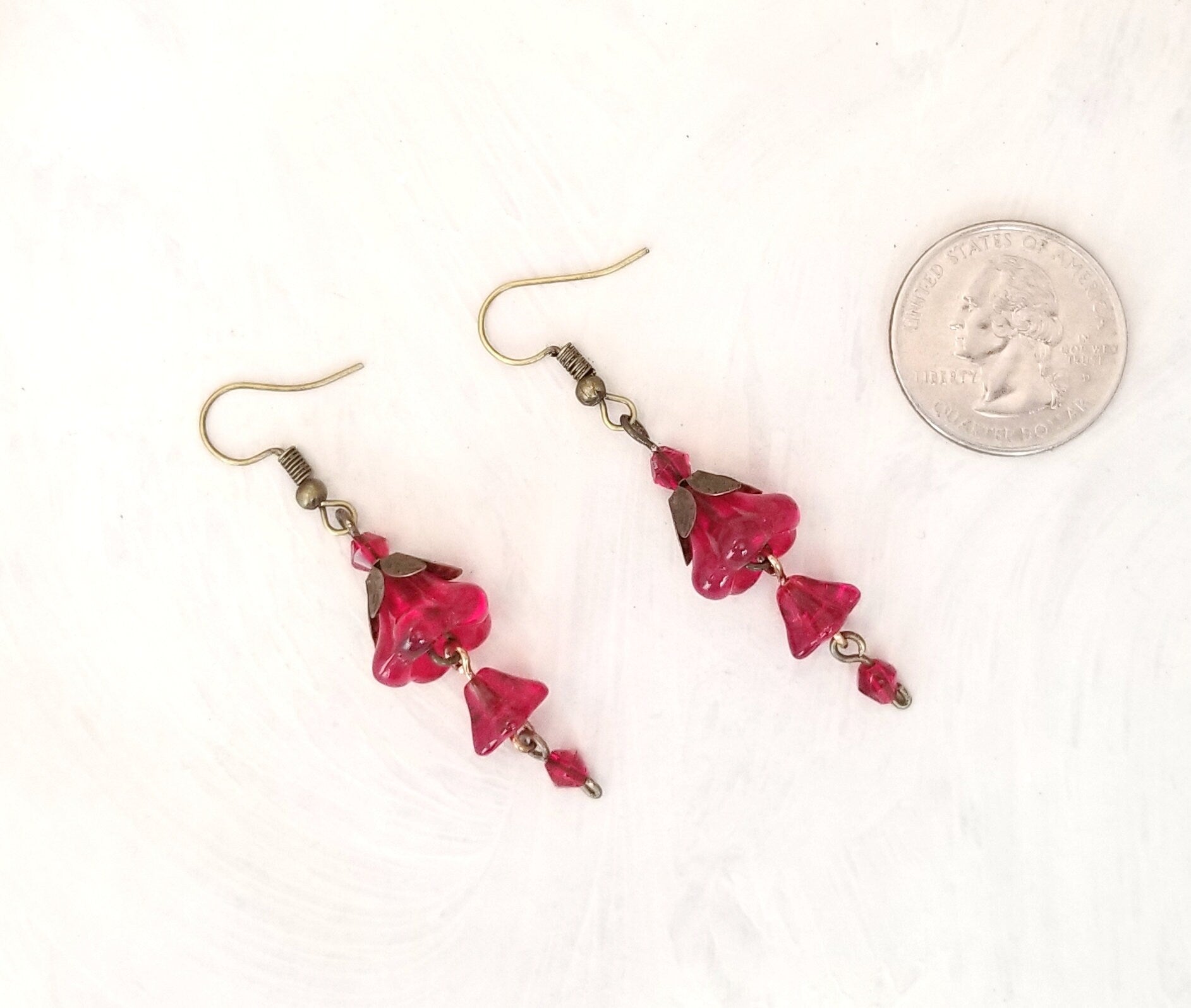 3-Tier Glass Flower Earrings in Red, Wedding, Bridesmaid, Art Nouveau, Belle Époque, Renaissance, Garden, Choice of Metals, Closure Types