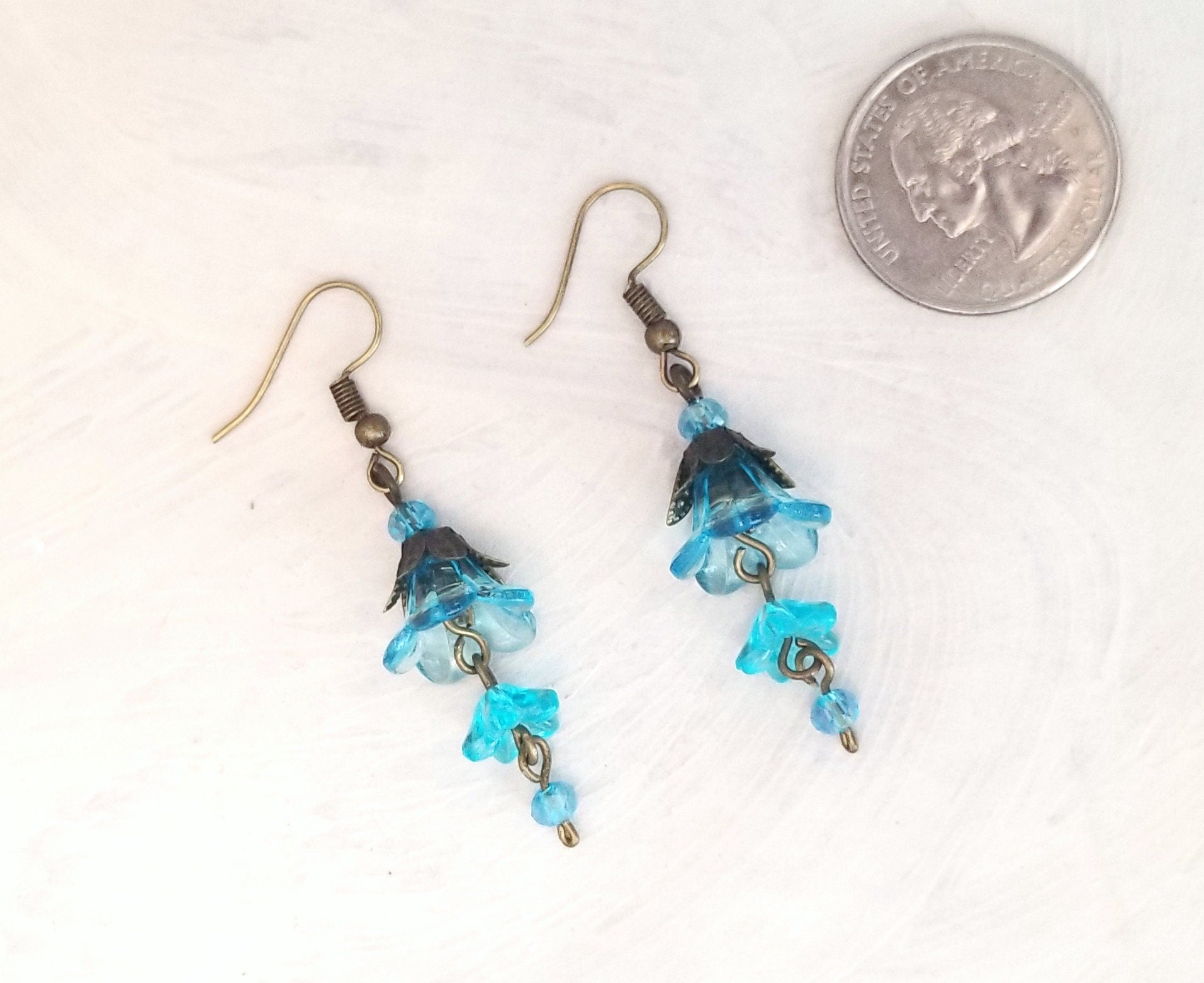 3-Tier Lucite Flower Earrings in Aqua Blue, Wedding, Bridesmaid, Art Nouveau, Belle Époque, Renaissance, Garden, Choice of Metals, Closures