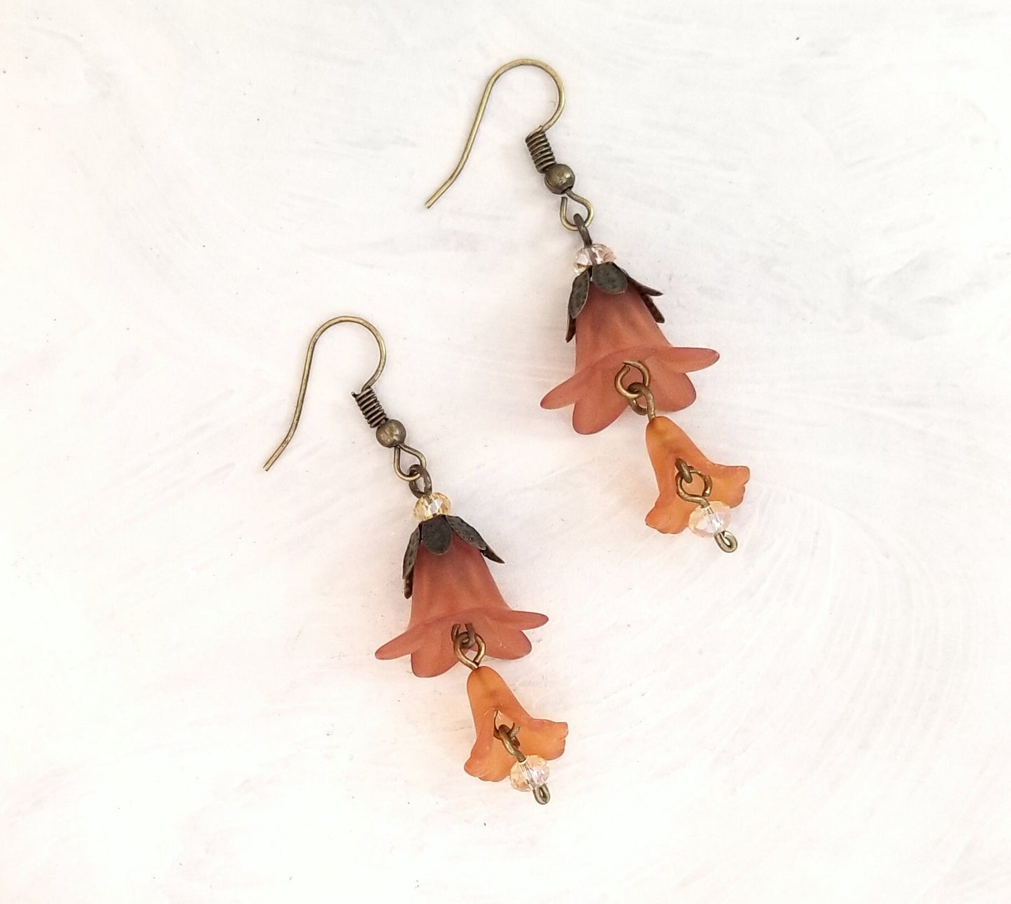 3-Tier Lucite Flower Earrings in Rust-Brown, Wedding, Bridesmaid, Art Nouveau, Belle Époque, Renaissance, Garden, Choice of Metals, Closures