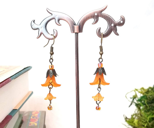 3-Tier Lucite Flower Earrings in Orange, Wedding, Bridesmaid, Art Nouveau, Belle Époque, Renaissance, Garden, Choice of Metals and Closures