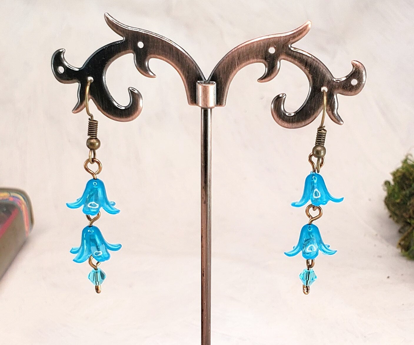 3-Tier Lucite Flower Earrings in Bright Aqua Blue, Wedding, Bridesmaid, Art Nouveau, Belle Époque, Renaissance, Garden, Choice of Metals