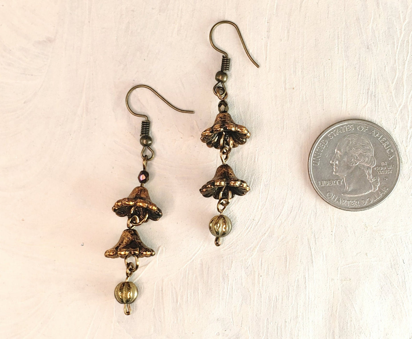 3-Tier Lucite Flower Earrings in Antique Gold, Wedding, Bridesmaid, Art Nouveau, Belle Époque, Renaissance, Garden, Choice of Metal, Closure