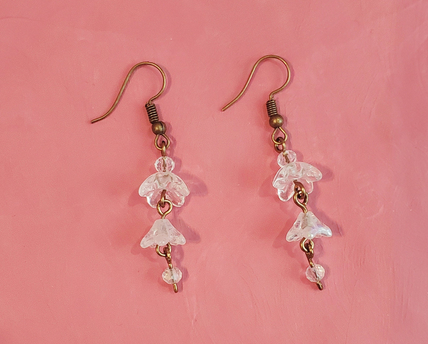 3-Tier Glass Flower Earrings in Clear, Wedding, Bridesmaid, Art Nouveau, Belle Époque, Renaissance, Garden, Choice of Metals, Closure Types