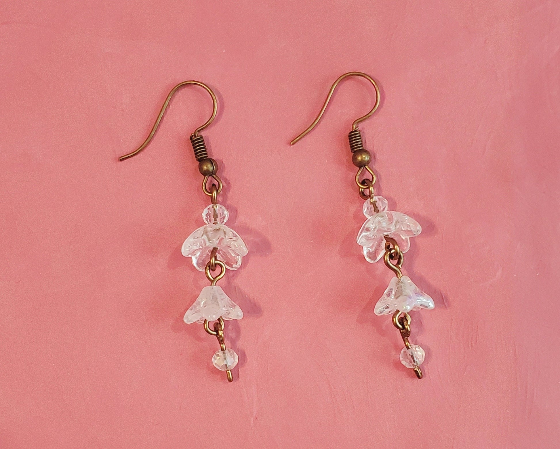 3-Tier Glass Flower Earrings in Clear, Wedding, Bridesmaid, Art Nouveau, Belle Époque, Renaissance, Garden, Choice of Metals, Closure Types