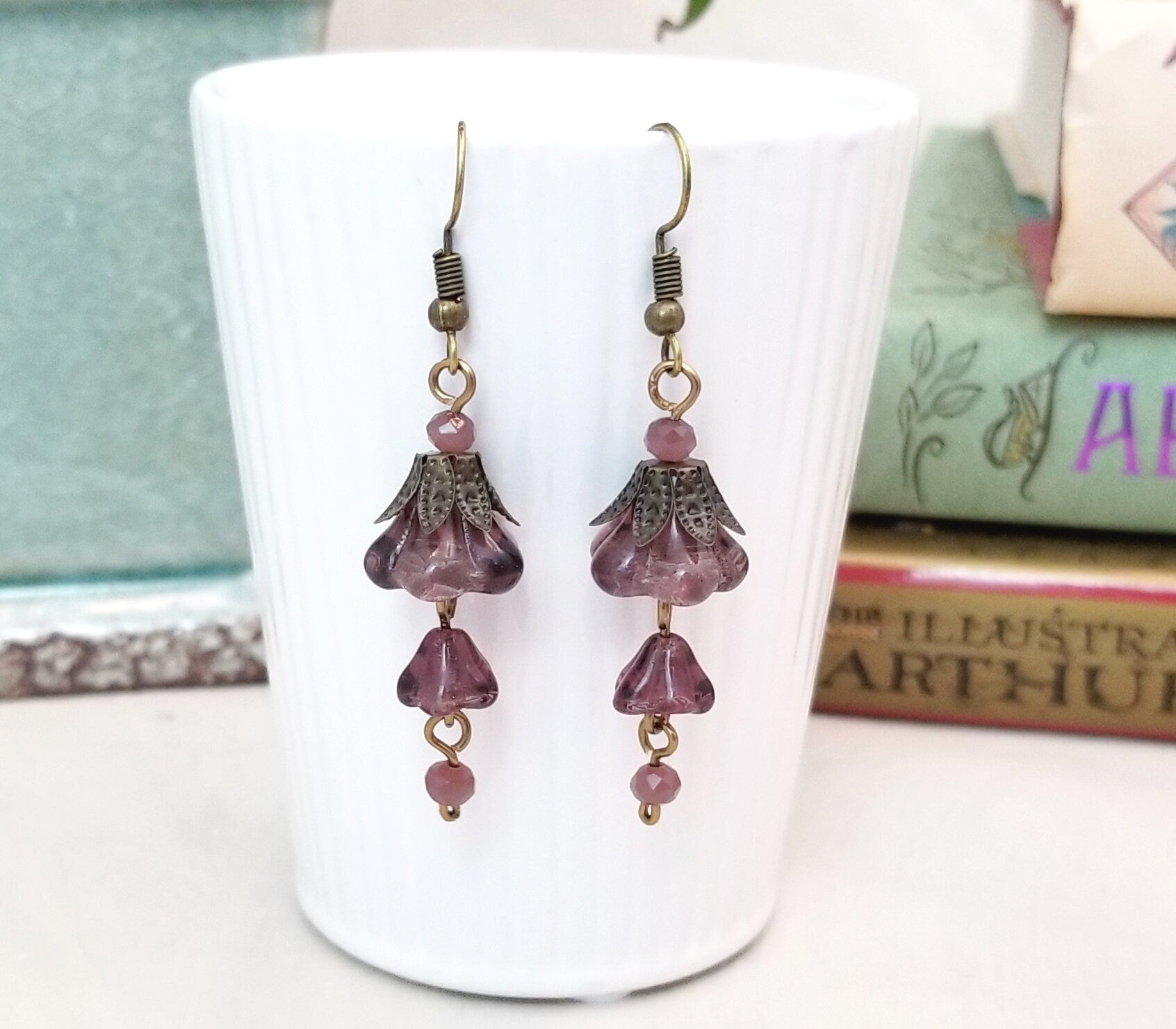 3-Tier Glass Flower Earrings in Purple, Wedding, Bridesmaid, Art Nouveau, Belle Époque, Renaissance, Garden, Choice of Metals, Closure Types