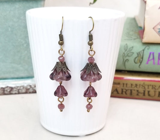 3-Tier Glass Flower Earrings in Purple, Wedding, Bridesmaid, Art Nouveau, Belle Époque, Renaissance, Garden, Choice of Metals, Closure Types