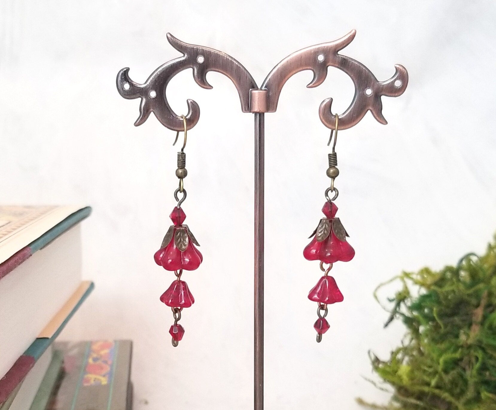 3-Tier Glass Flower Earrings in Red, Wedding, Bridesmaid, Art Nouveau, Belle Époque, Renaissance, Garden, Choice of Metals, Closure Types