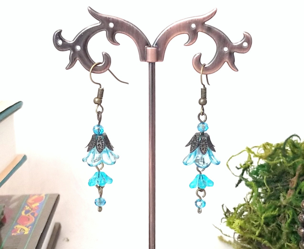 3-Tier Lucite Flower Earrings in Aqua Blue, Wedding, Bridesmaid, Art Nouveau, Belle Époque, Renaissance, Garden, Choice of Metals, Closures