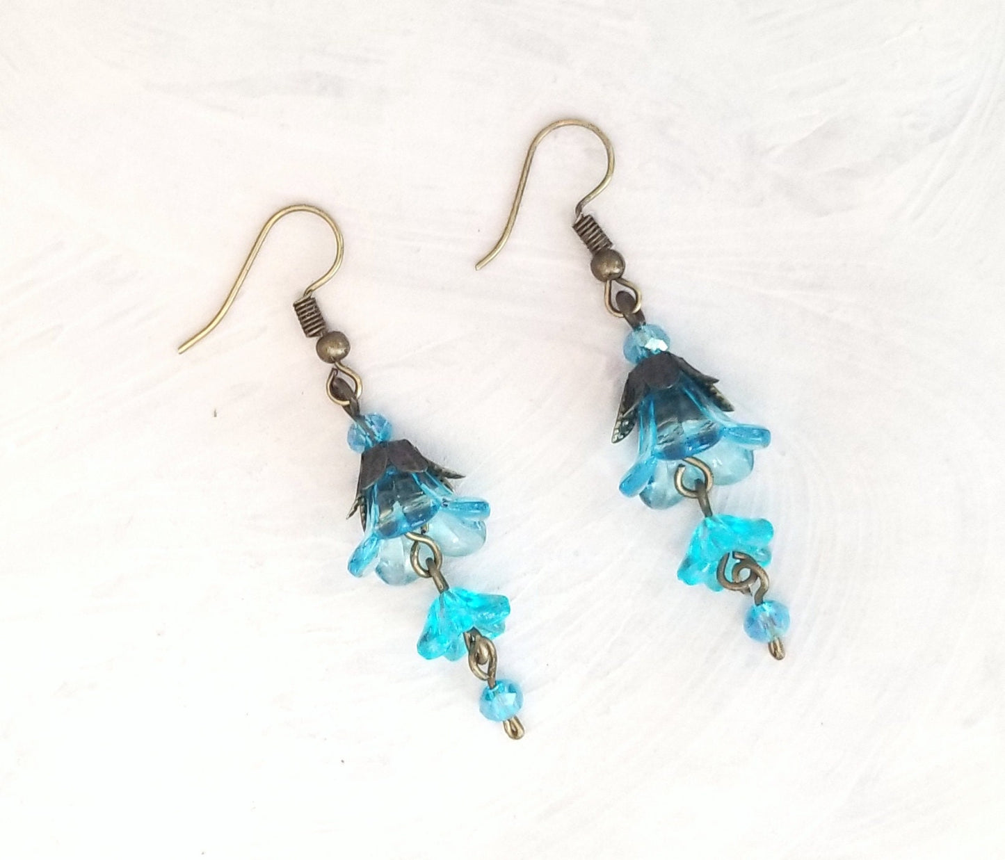 3-Tier Lucite Flower Earrings in Aqua Blue, Wedding, Bridesmaid, Art Nouveau, Belle Époque, Renaissance, Garden, Choice of Metals, Closures