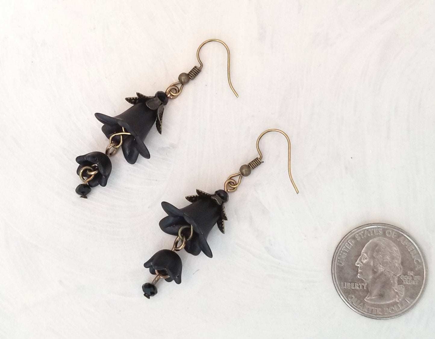 3-Tier Lucite Flower Earrings in Black, Wedding, Bridesmaid, Art Nouveau, Belle Époque, Renaissance, Garden, Choice of Metals, Closure Types