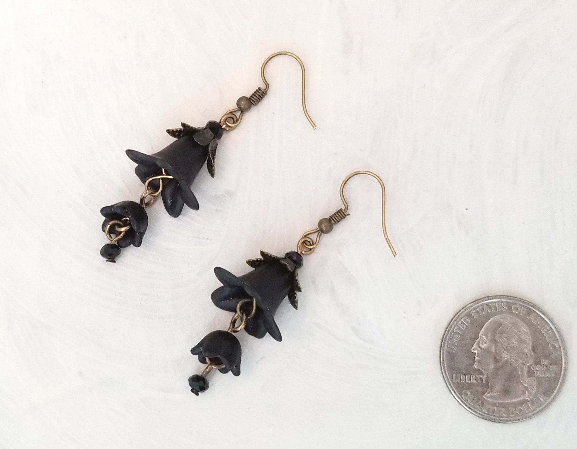 3-Tier Lucite Flower Earrings in Black, Wedding, Bridesmaid, Art Nouveau, Belle Époque, Renaissance, Garden, Choice of Metals, Closure Types