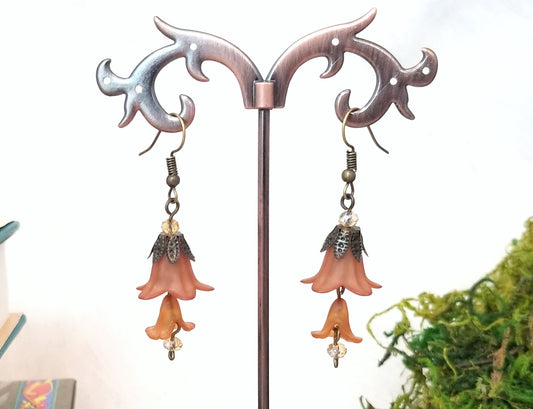 3-Tier Lucite Flower Earrings in Rust-Brown, Wedding, Bridesmaid, Art Nouveau, Belle Époque, Renaissance, Garden, Choice of Metals, Closures
