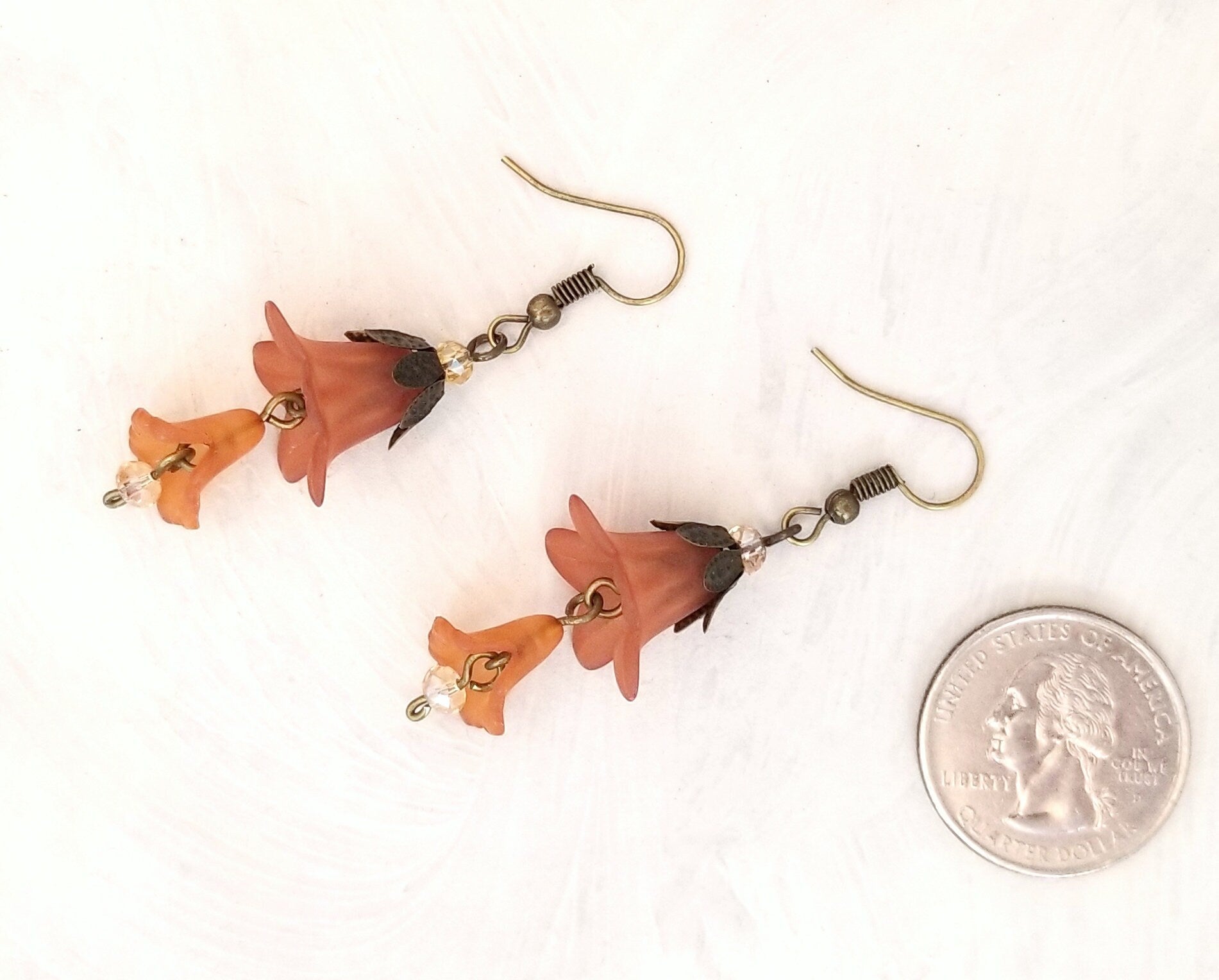 3-Tier Lucite Flower Earrings in Rust-Brown, Wedding, Bridesmaid, Art Nouveau, Belle Époque, Renaissance, Garden, Choice of Metals, Closures