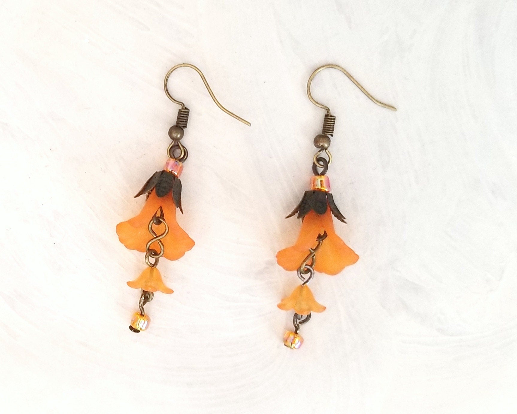 3-Tier Lucite Flower Earrings in Orange, Wedding, Bridesmaid, Art Nouveau, Belle Époque, Renaissance, Garden, Choice of Metals and Closures