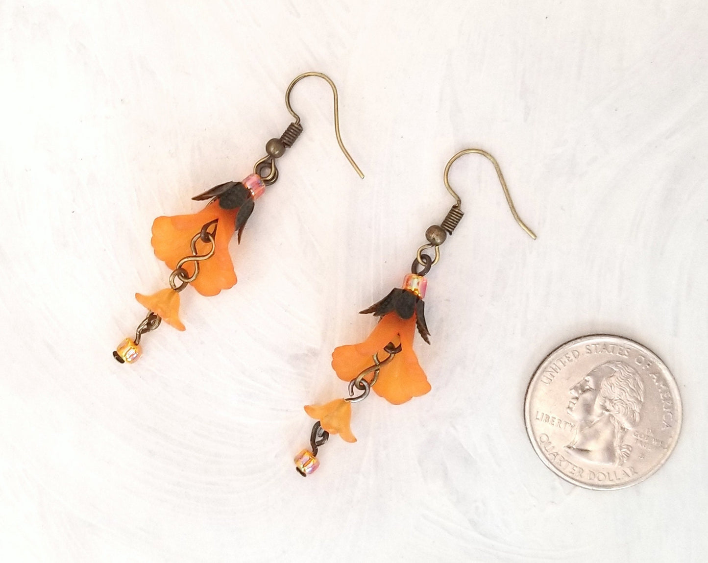 3-Tier Lucite Flower Earrings in Orange, Wedding, Bridesmaid, Art Nouveau, Belle Époque, Renaissance, Garden, Choice of Metals and Closures