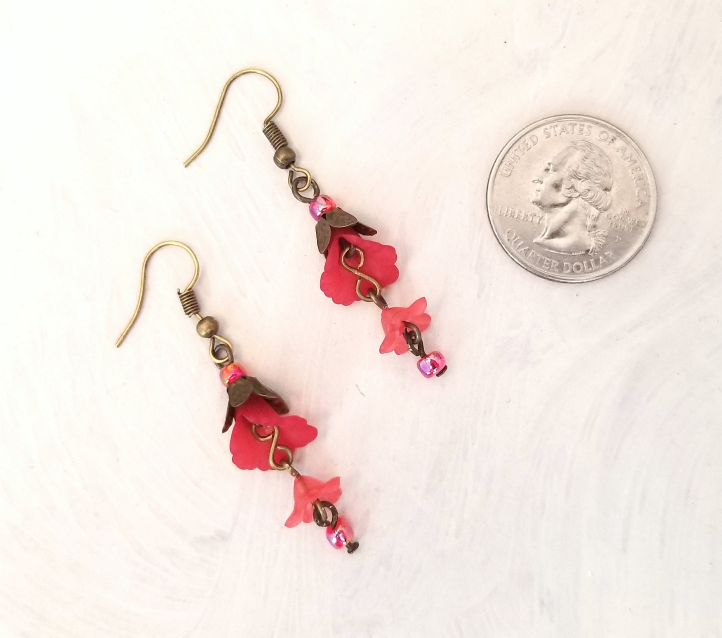 3-Tier Lucite Flower Earrings in Red, Wedding, Bridesmaid, Art Nouveau, Belle Époque, Renaissance, Garden, Choice of Metals, Closure Types